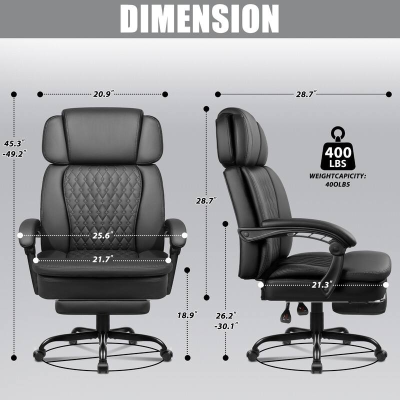 BOSSIN 400lbs Big & Tall Office Chair, Reclining Executive Chair with Footrest, Adjustable Headrest, PU Leather High Back,
