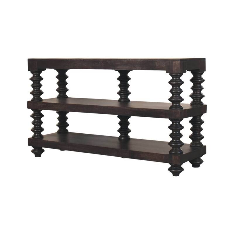 Artisan Furniture Solid Wood Spindle Shelf Console in Carbon Ash, Black with storage