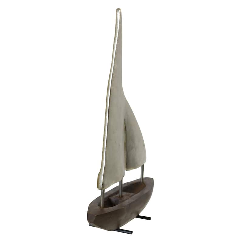 Small Pewter Sails - Natural Stained Wood Base Boat Sculpture with Pewter Metal Sails