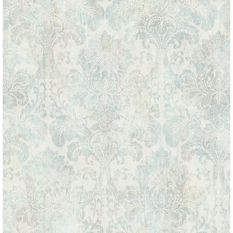 Seabrook Designs Elwin Vintage Damask Unpasted Wallpaper - 20.5 in. W x 33 ft. L - Ice Blue & Metallic Champagne