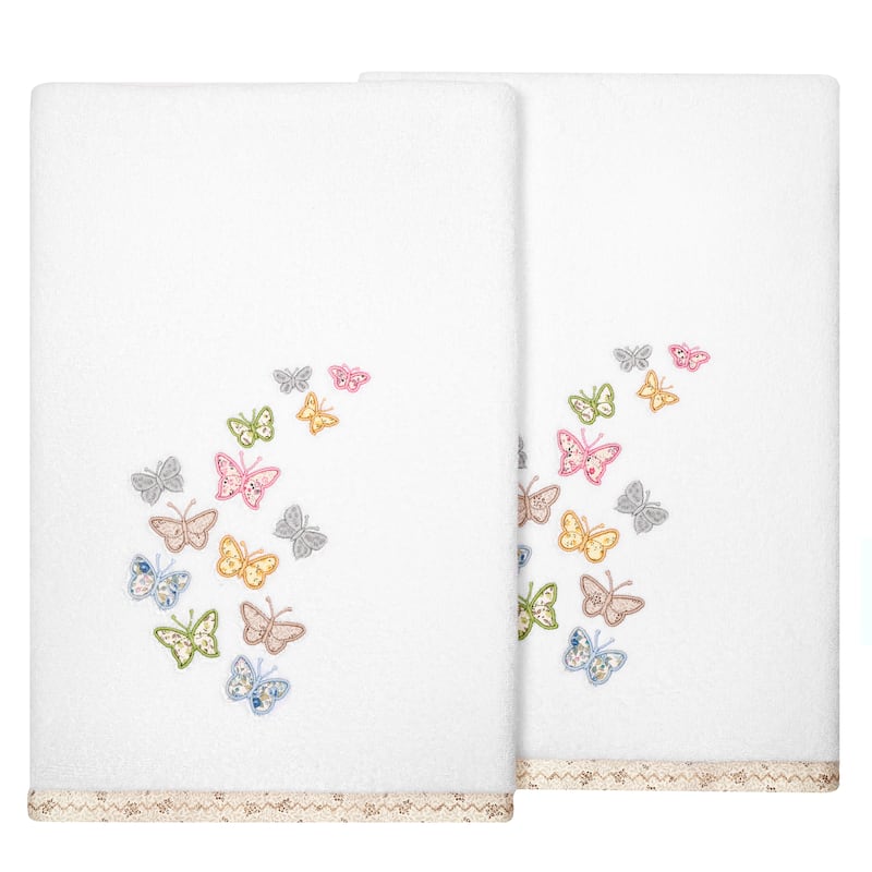 Authentic Hotel and Spa 100% Turkish Cotton Mariposa 2PC Embellished Bath Towel Set - White