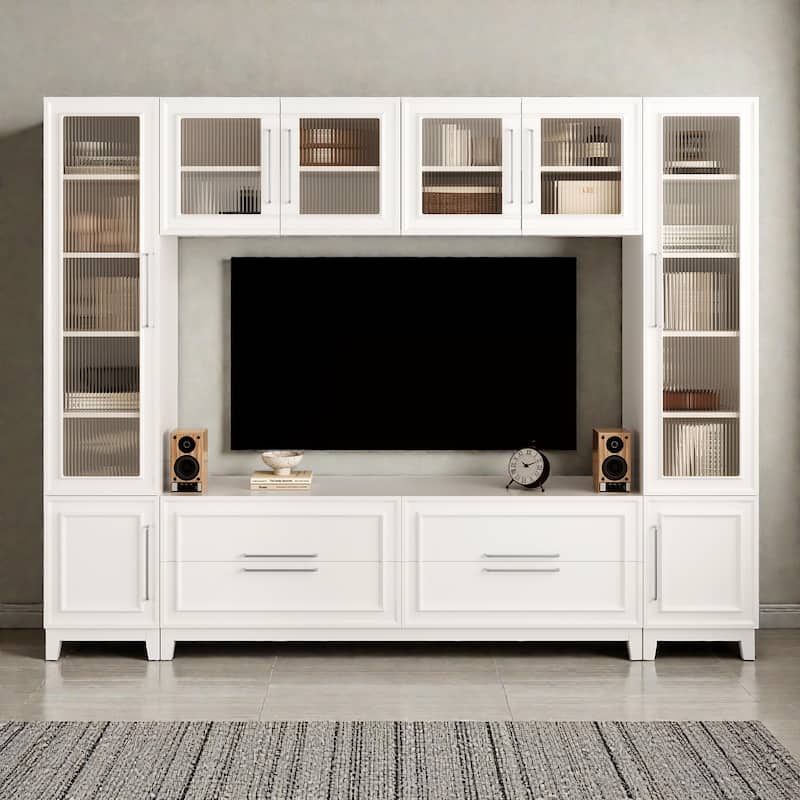 102" Modern Wall Entertainment Center with Fluted Glass Doors, Large TV Stand Media Console for TVs up to 75" - White