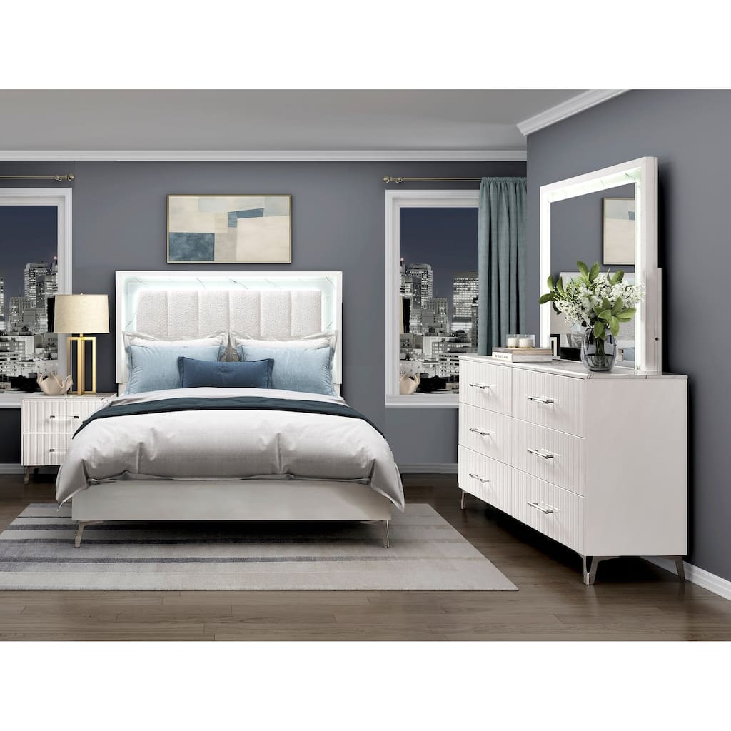 Glamorous White Finish Bedroom Set LED Bed Faux Marble Panels
