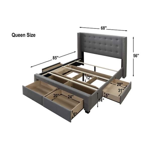 dimension image slide 3 of 4, Strick & Bolton Roth Grey Linen Wingback 4-drawer Storage Bed