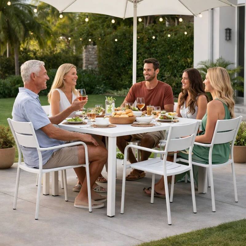 Meta 7 Piece Outdoor Dining Table, Chairs Set, White, Plank Seat and Backs