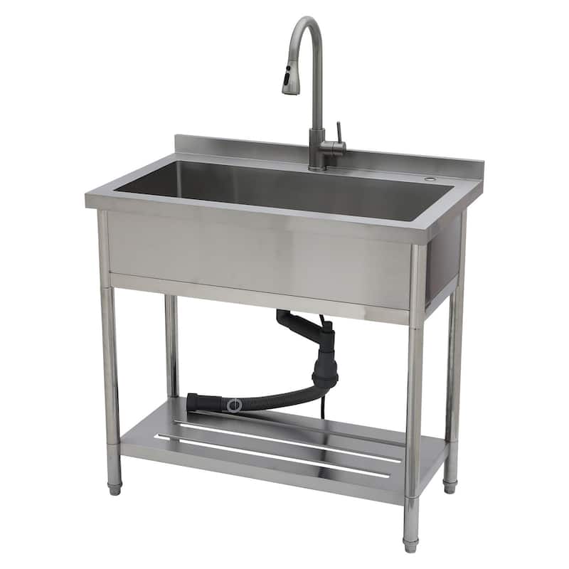 Lordear 36" Large Utility Sink Free Standing Outdoor Stainless Steel Deep Laundry Sink with Faucet - Stainless Steel - 36 in.W x 21 in.D x 33.5 in.H