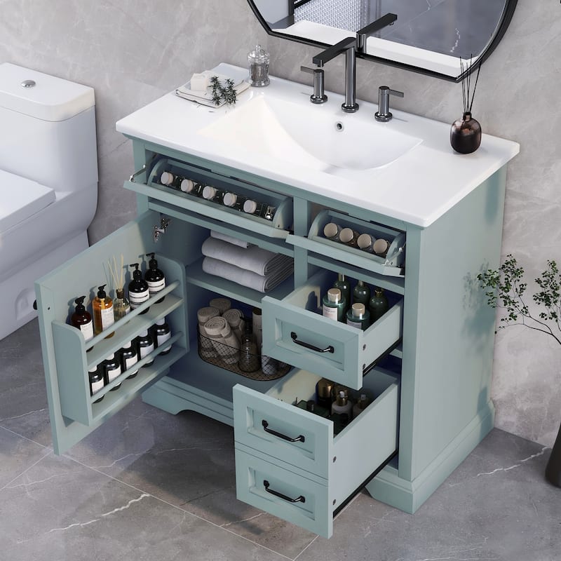 Bathroom Vanity with Sink Combination, Wooden Single Bathroom Sink Cabinet, Bathroom Cabinet with 2 Tip-Out Drawer & Door Shelf - Grey