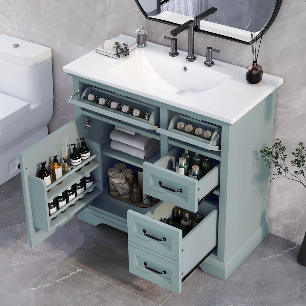 Grey 36-Inch Bathroom Vanity with 2 Tip-Out Drawers, Ceramic Sink, and Painted Finish