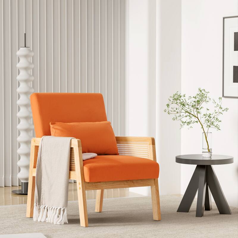 Furniwell Upholstered Living Room Accent Chair with Pillow, Single Sofa with Rattan Wooden Armrests
