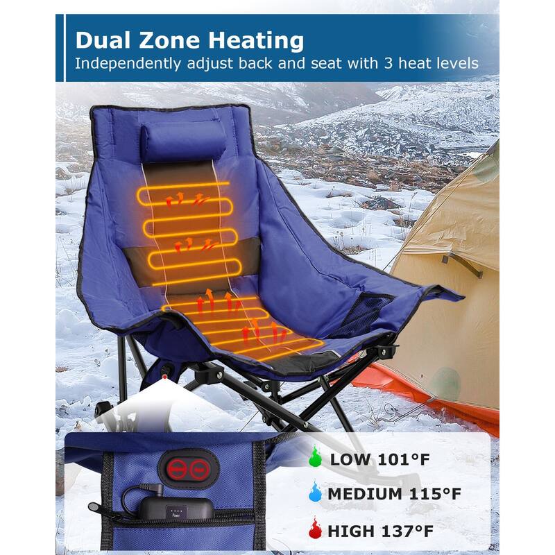 Oversized Heated Camping Chair, Rocking Camping Chair with 3 Heat Levels for Back and Seat, Portable Folding Heated Chairs
