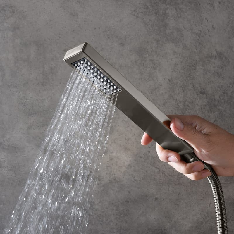 Brushed nickel ceiling mounted dual shower head 3 way digital display anti scald shower system - 7'6" x 10'9"