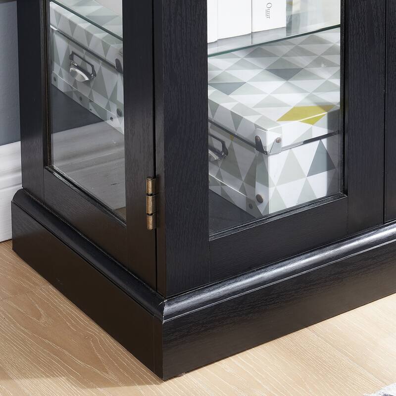 Lighted Glass Curio Display Cabinet with Wood Frame - Elegant Glass Storage for Wine, Toys & Collectibles -Bulb Included