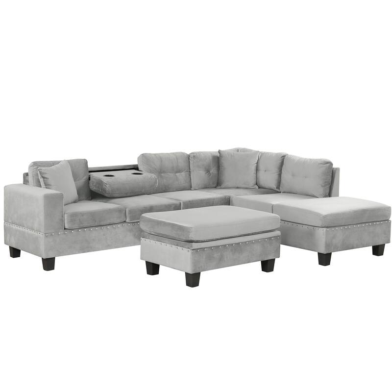 105.1" Velvet L-Shaped Sectional Sofa with Ottoman & Cup Holders