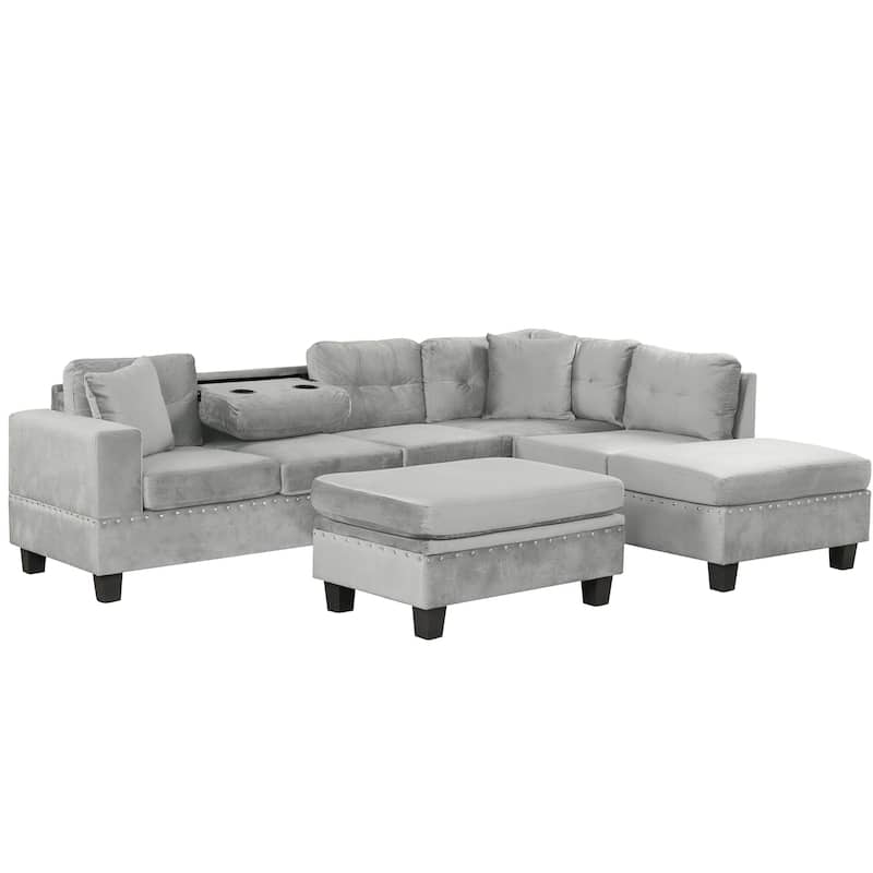 Roomfitters Sectional Sofa with Storage Ottoman, Reversible Chaise, Cup Holders and 2 Pillows for Living Room
