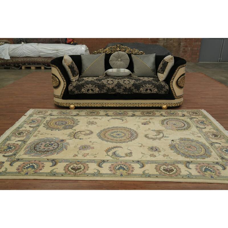 Hand Knotted Oriental Wool & Silk Carpet Traditional All-Over Beige & Ivories Tabriz Area Rug - 9' 11'' X 6' 6''