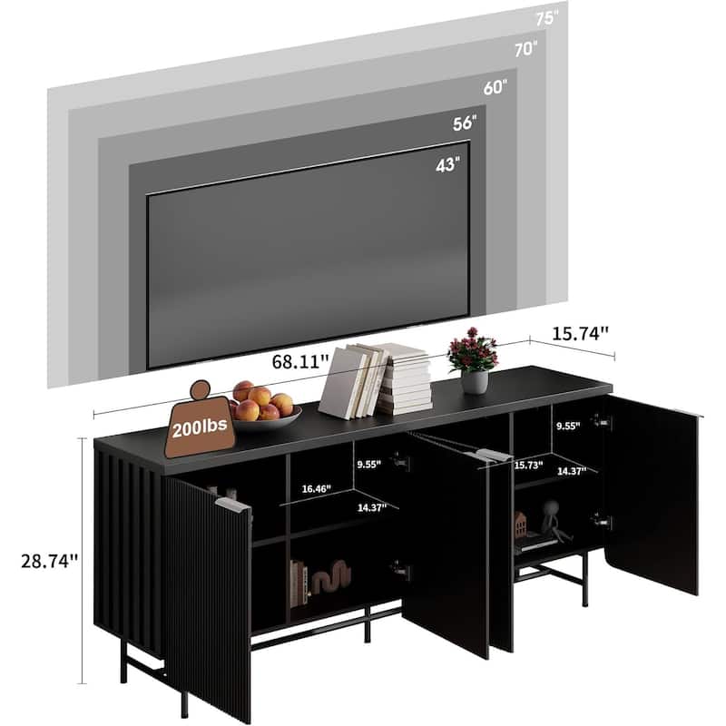 68" Mid-century TV Stand Entertainment Center with Adjustable Shelves 4 Doors & LED Light