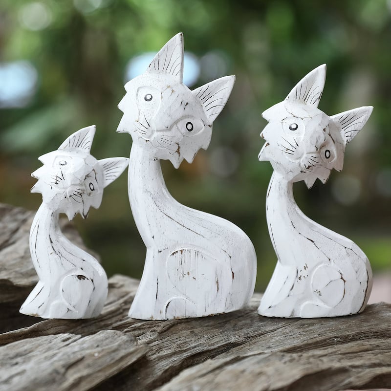 Novica Handmade Feline Glances Wood Statuettes (Set Of 3)