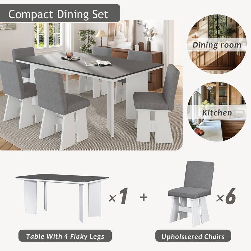 7-Piece Dining Table Set Kitchen Table Set with 6 Upholstered Dining Chairs, Table with 4 Flaky Legs, Tuck-Away Chairs