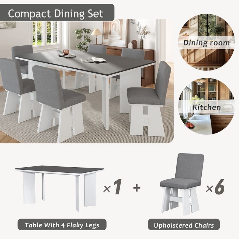 Modern 7-Piece Dining Table Set with 6 Upholstered Dining Chairs, Dark Gray+White