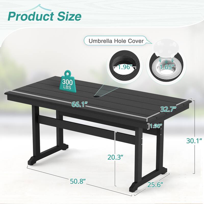 A 66.1-inch HDPS Outdoor Rectangular Table With Umbrella Holes - 32.7" W x 66.1" L x 30.1" H