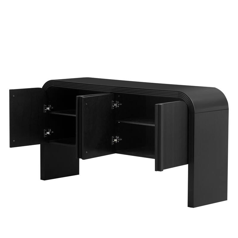 Arched Storage Cabinet Sideboard with 4 Stripes Doors and Adjustable Shelves, Modern Entryway Cabinets with Pine Leg