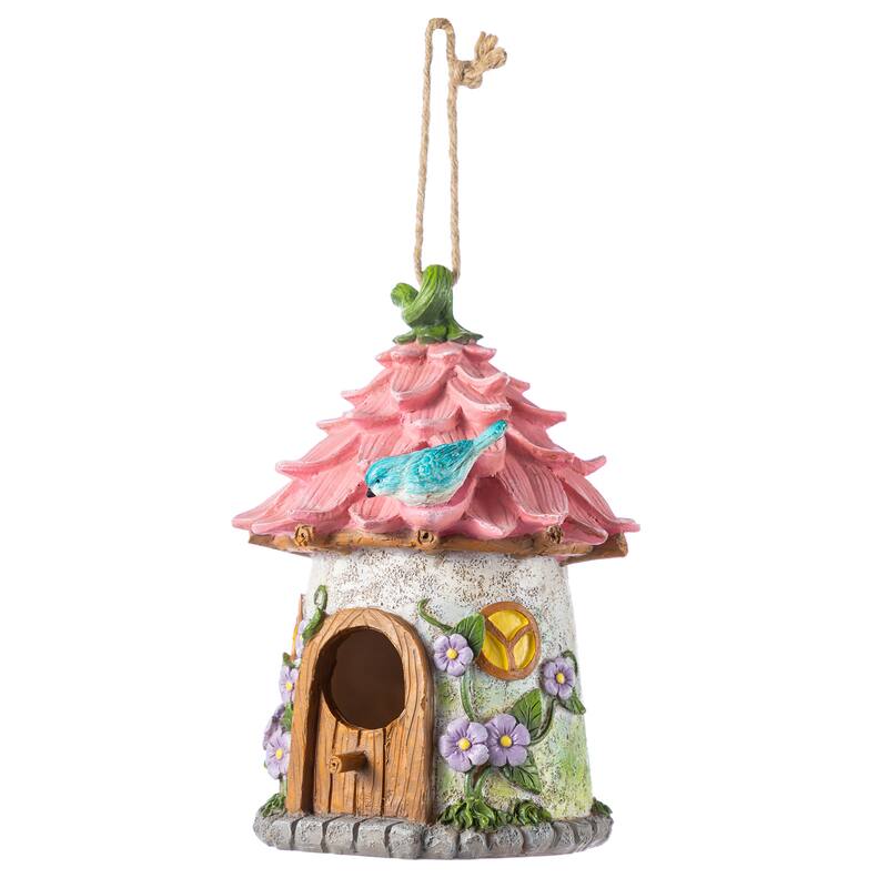 Glitzhome 9''H Resin Pink Yellow Roof Outdoor Garden Birdhouse