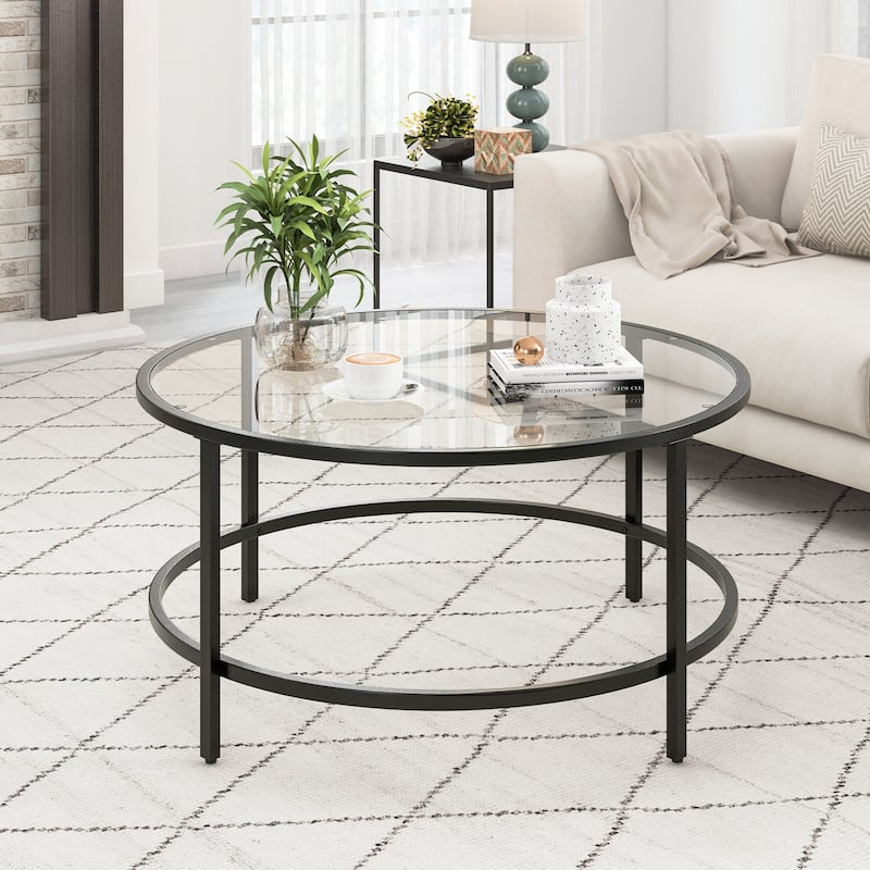 Tempered Glass Round Coffee Table with Metal Frame and 110 lbs Capacity - 35.5" x 35.5" x 18"