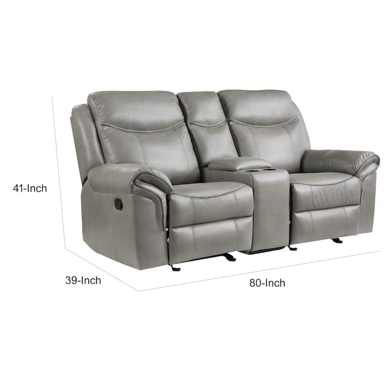 Max 80 Inch Dual Manual Recliner Loveseat, Cupholders, Gray Faux Leather