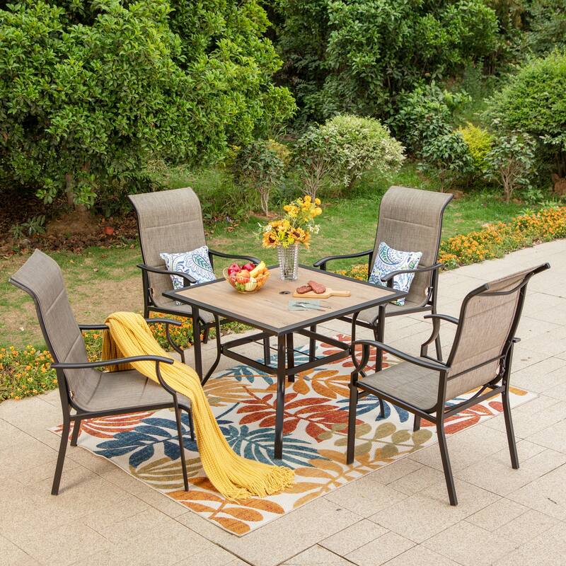 MAISON ARTS Patio Dining Set , 4/6 Textilene Rocking Chairs and 1 Wood-like Table with Umbrella Hole - 37"(L) x 37"(W) x 28"(H) - Fixed Chair + Square table