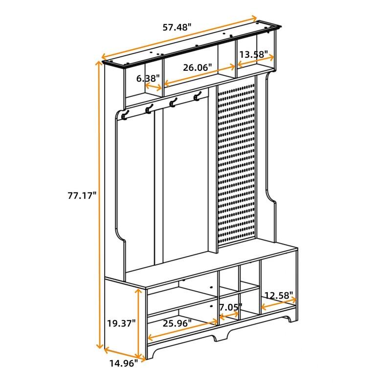 77.17"H Hall Tree with Shoe Bench,Coat Rack,Shoe Storage,Shelves and Pegboard