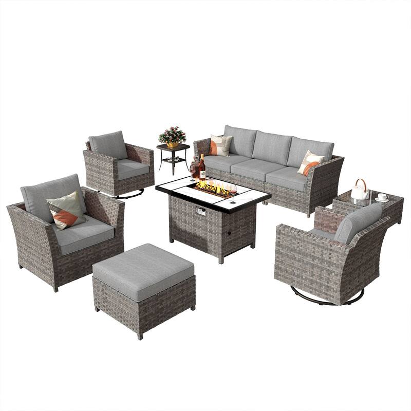 HOOOWOOO 10-piece Wicker Patio Furniture Outdoor Sectional Sofa Set with Fire Pit