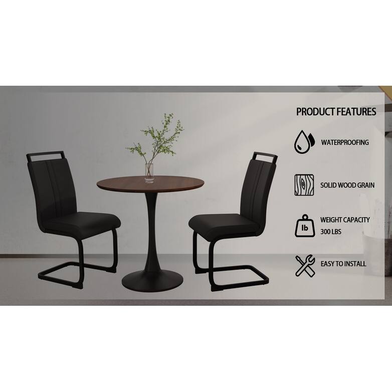 Modern Round Kitchen Table Set with 2 Black PU Upholstered Chairs, Walnut Table & Chairs Set Bar Set