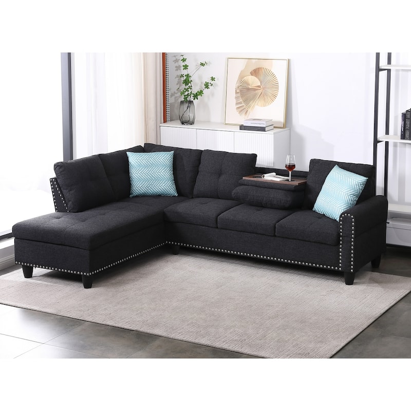 Modern Built-in Cup-holders Console Linen Sectional Sofa with 2 Pillows