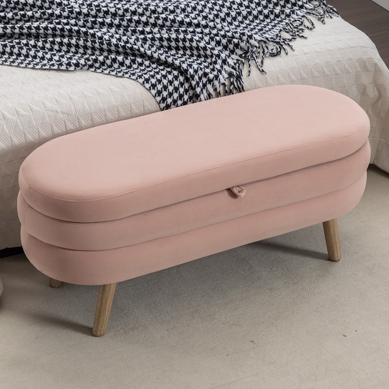 Velvet Fabric Storage Bench With Wood Legs For Living Room Bedroom