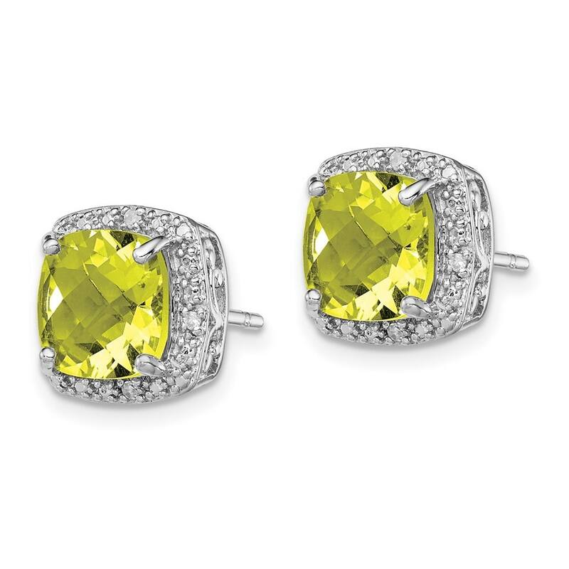 Curata 925 Sterling Silver Polished Post Earrings Lemon Quartz and Diamond Earrings - 13x13mm Wide