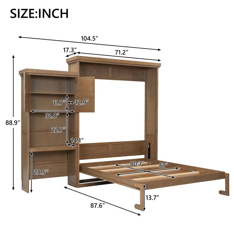 Queen Size Murphy Bed Convertible Louvered Style Cube Cabinet Foldable Platform Bed with Side Storage Bookcase Cabinet Shelves