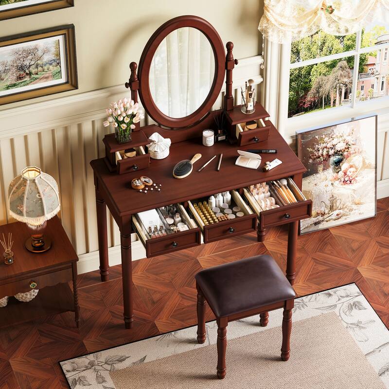 Vanity Desk with Adjustable Angle Mirror, Vintage Vanity Makeup Table and Cushioned Stool Set with 5 Drawers