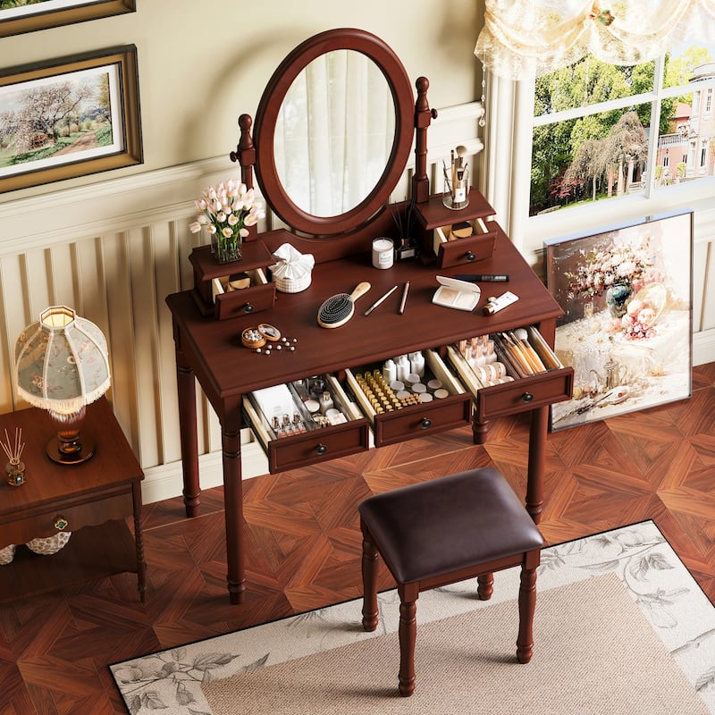 Vanity Desk with Adjustable Angle Mirror,Vanity Makeup Table and Cushioned Stool Set with Velvet Fabric Lining 5 Drawers