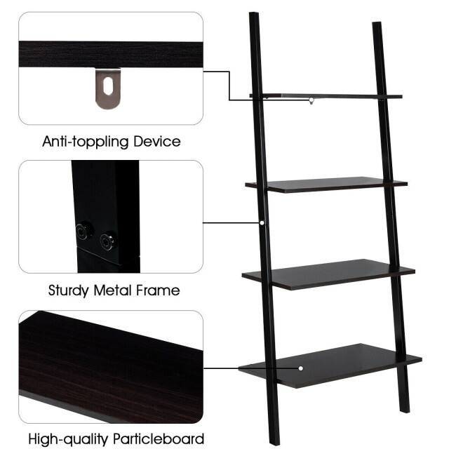 Multipurpose 4-Tier Industrial Leaning Wall Bookcase with Metal Frame - 25'' x 14'' x 60'' (L x W x H)