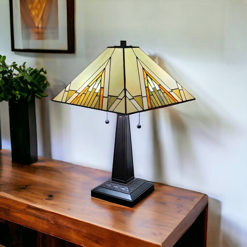 HomeRoots 23" Stained Glass Pyramid Style Two Light Mission Style Table Lamp - 21 x 22 x 11