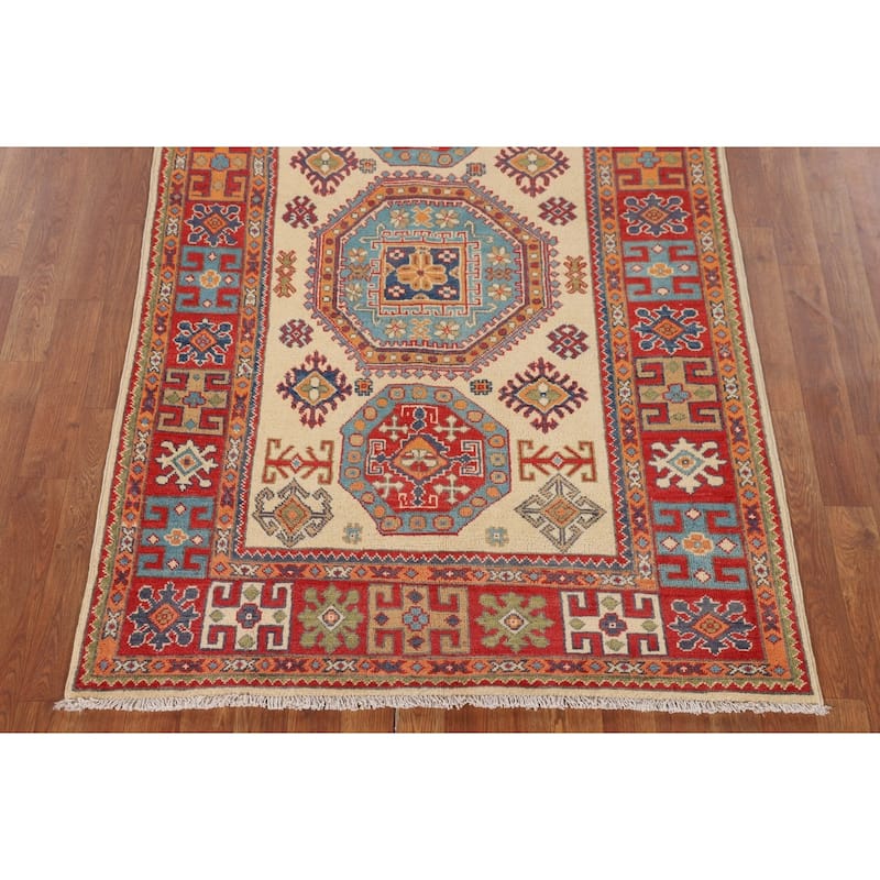 Geometric Beige Kazak Foyer Rug Hand-Knotted Oriental Wool Carpet - 4'0" x 5'11"