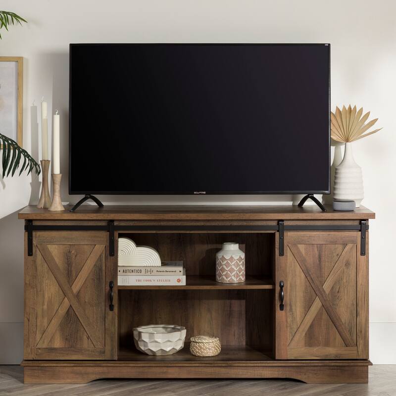 Farmhouse Grey Wash TV Stand with Sliding Barn Doors for TVs up to 65 Inches