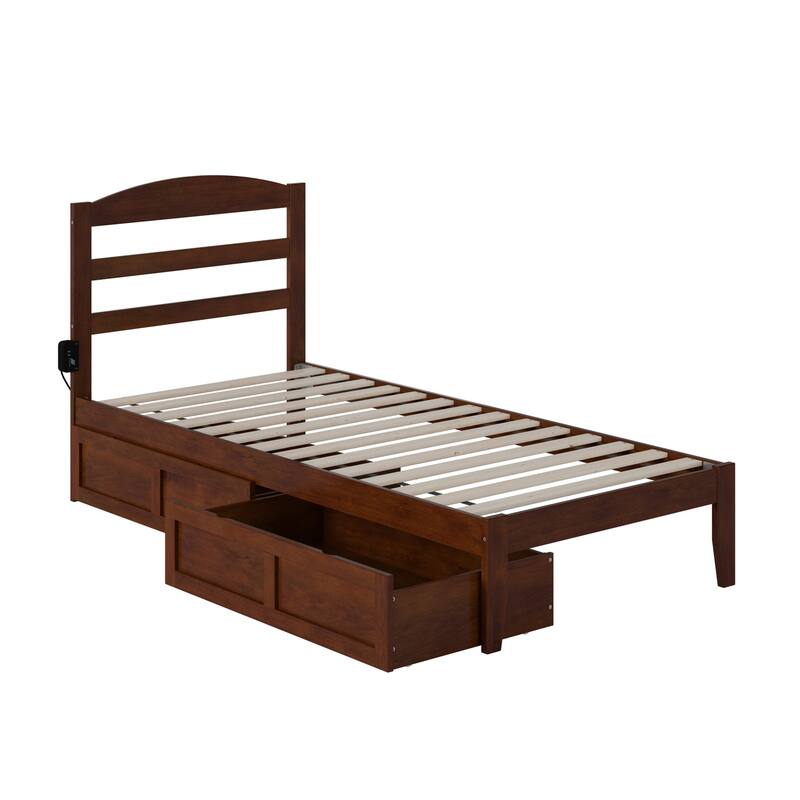 Twin XL Platform Bed with Drawers - Durable Walnut Finish & Charger Included - Space Saving Design