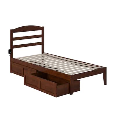 Twin XL Platform Bed with Drawers - Durable Walnut Finish & Charger Included - Space Saving Design