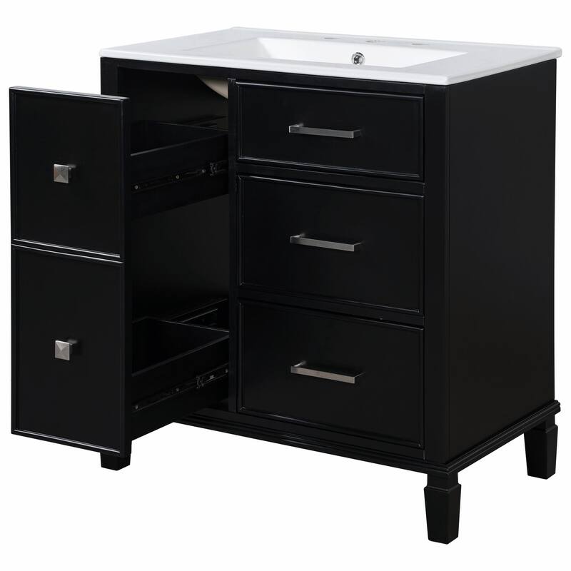 30" Bathroom Vanity with Ceramic Sink, Flip-Out Plumbing Drawer, Soft Close Doors & Drawers