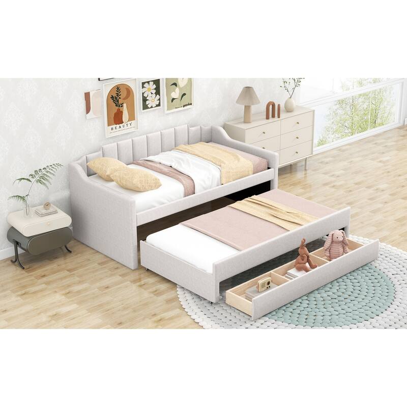 Twin Upholstered Daybed with Trundle and Storage Drawers, Stylish Linen Blend, Ideal for Small Spaces and Guest Rooms