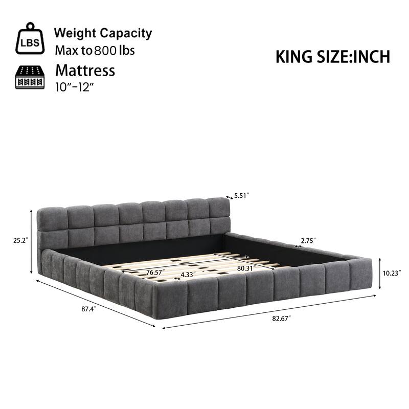 Chenille Upholstered Queen/King Bed with Checkerboard Headboard, Soft Fabric Platform Bed Frame, Modern Elegant Design