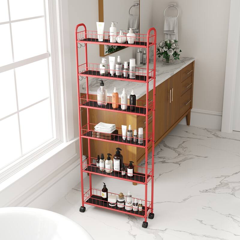 Red 6-Tier Rolling Cart Gap Kitchen Slim Slide Out Storage Tower Rack with Wheels, 6 Baskets, Laundry Utility cart