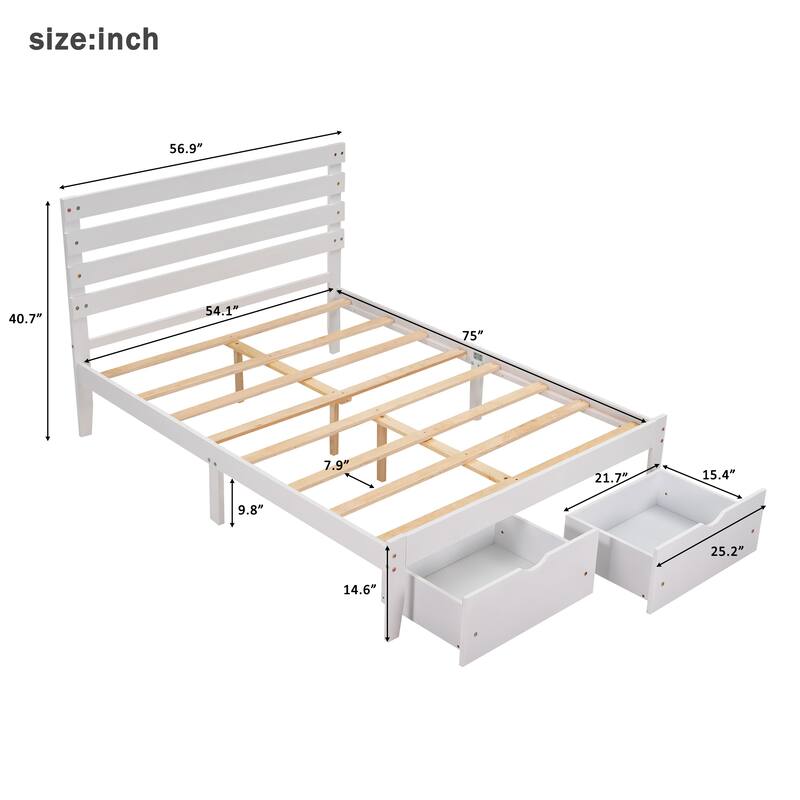 Solid Pine Platform Bed with Drawer & Headboard, Easy Assemble Bed