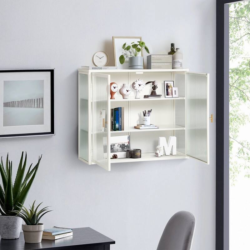 27.56" Kitchen Wall Storage Cabinet with Glass Doors & Three-tier Storage - White